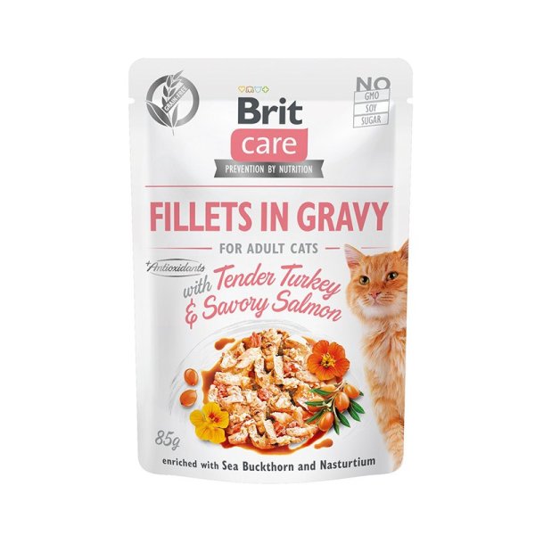 Brit Care Cat - Filets in So&szlig;e mit zartem Truthahn &amp; herzhaftem Lachs 85gr